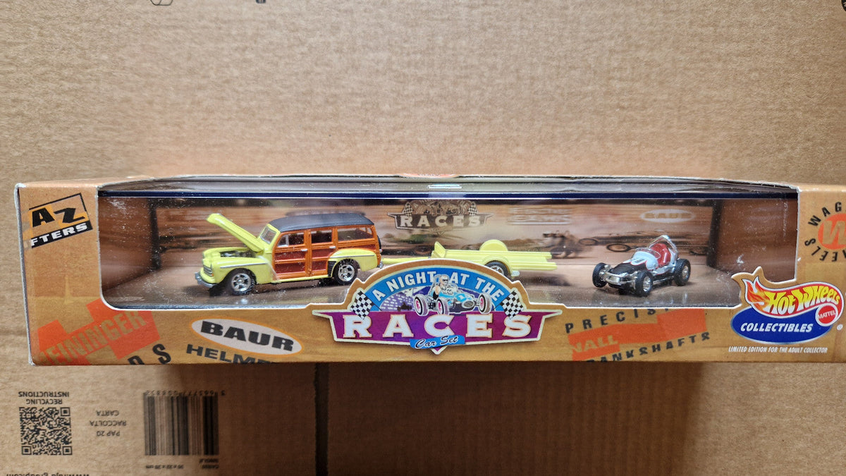 Hot wheels 2000 night at the race 48 Ford woodie, sprint car et trailer (CT08)