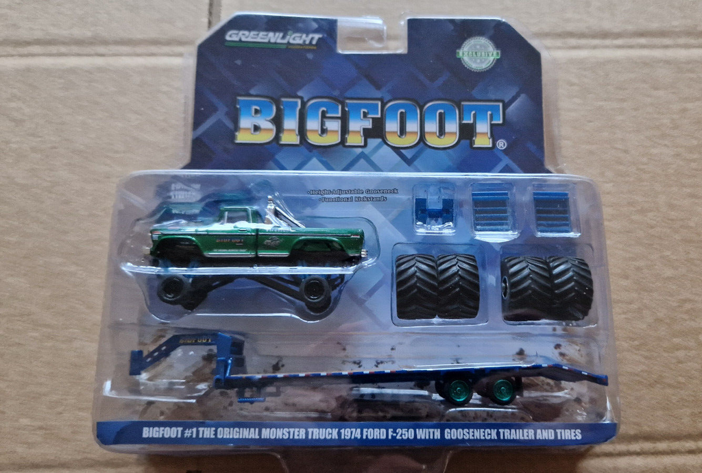 Greenlight Bigfoot Chase 1974 Ford f-250 et gooseneck trailer et tires (C12)