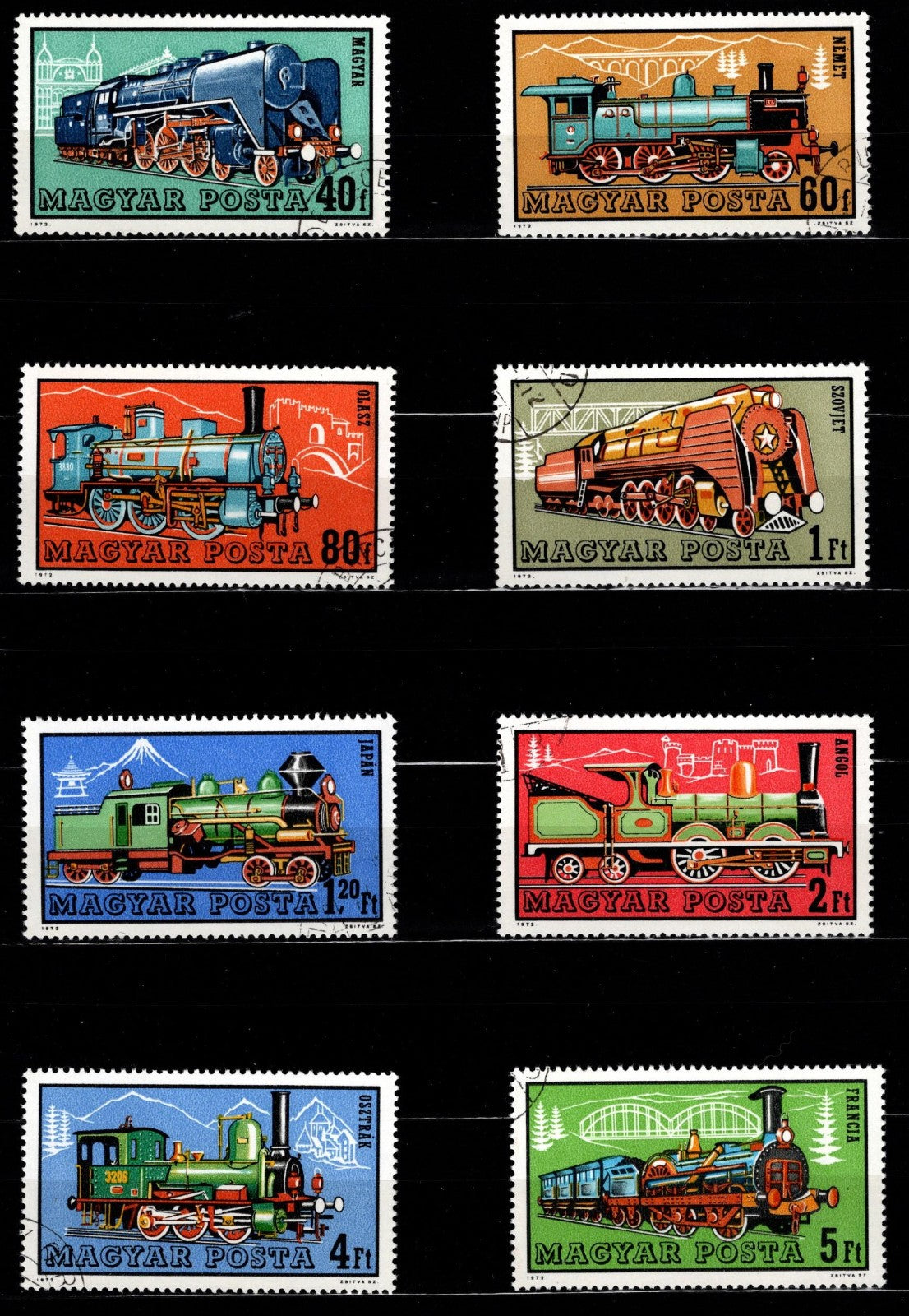 Hongrie 1972 locomotives, lot de 8, oblitérés