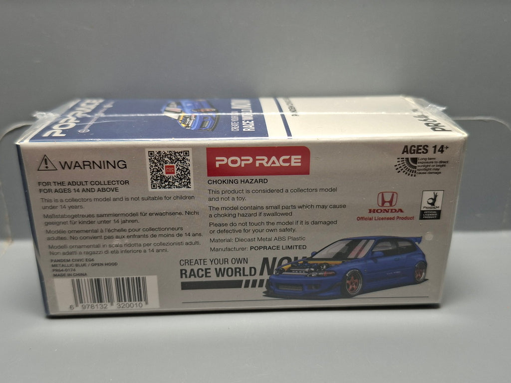 Pop Race 1/64 Pandem Honda Civic EG6, metallic blue with open hood (CP19)