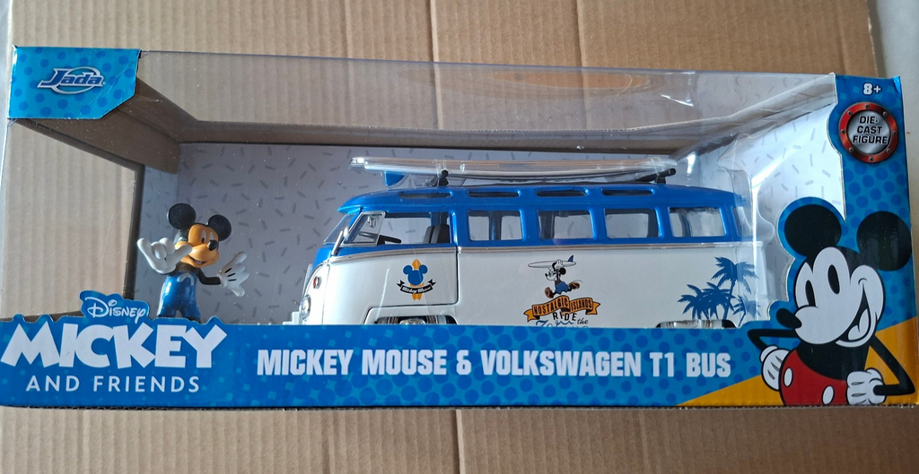 Jada 1/24 1962 Volkswagen T1 Bus & Disney Mickey Mouse Figure White Blue (ET)