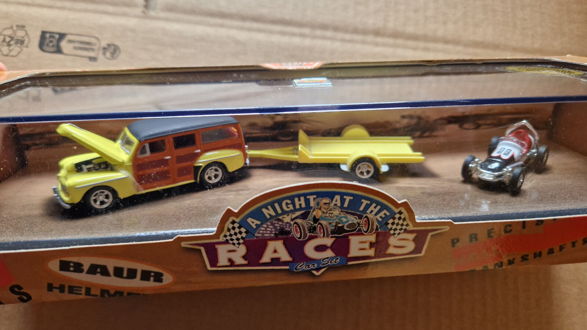 Hot wheels 2000 night at the race 48 Ford woodie, sprint car et trailer (CT08)