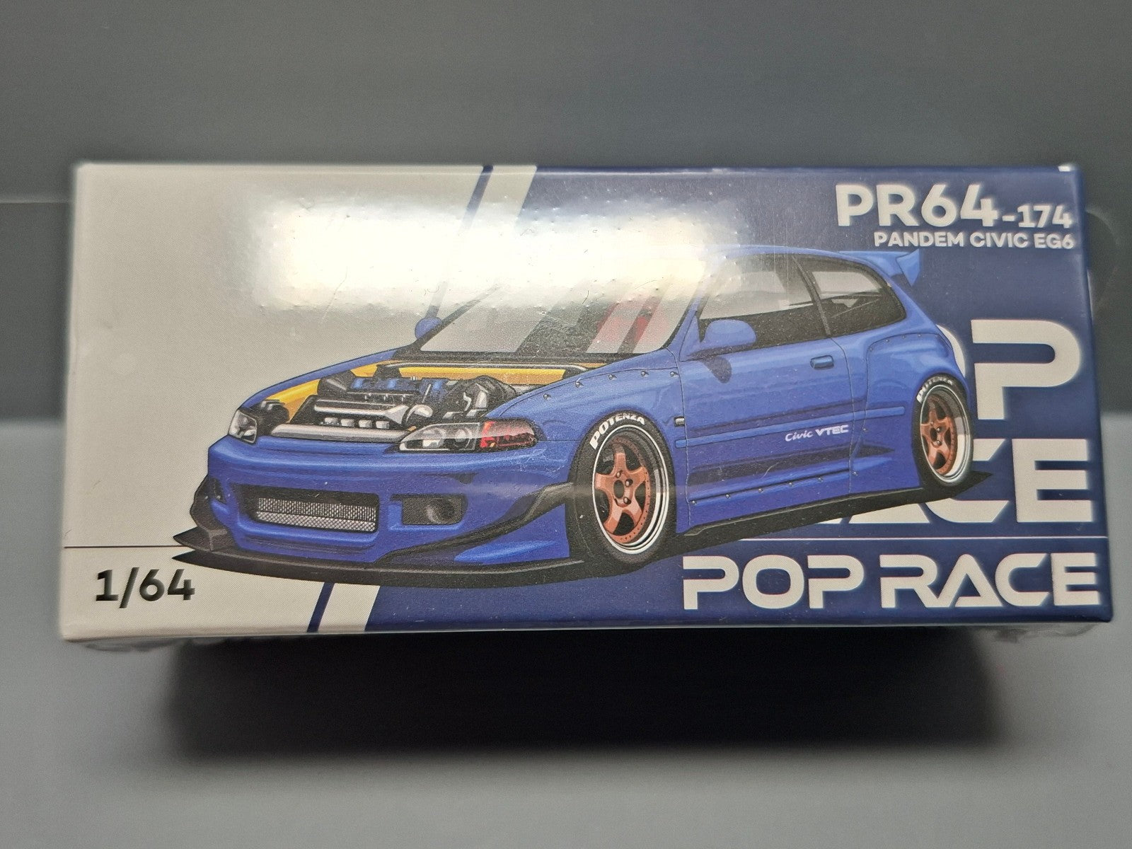 Pop Race 1/64 Pandem Honda Civic EG6, metallic blue with open hood (CP19)