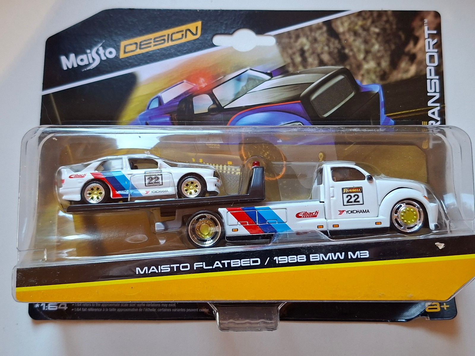 Maisto Design 1988 Maisto Flatbed - BMW M3 E30 #22, white/blue/red (C6)