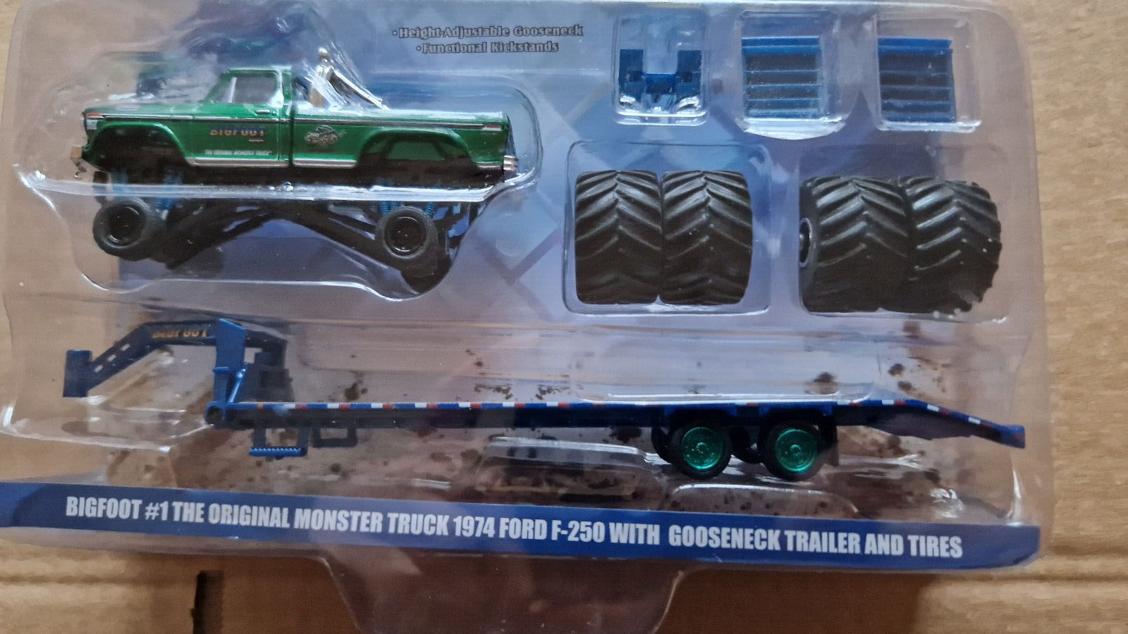 Greenlight Bigfoot Chase 1974 Ford f-250 et gooseneck trailer et tires (C12)