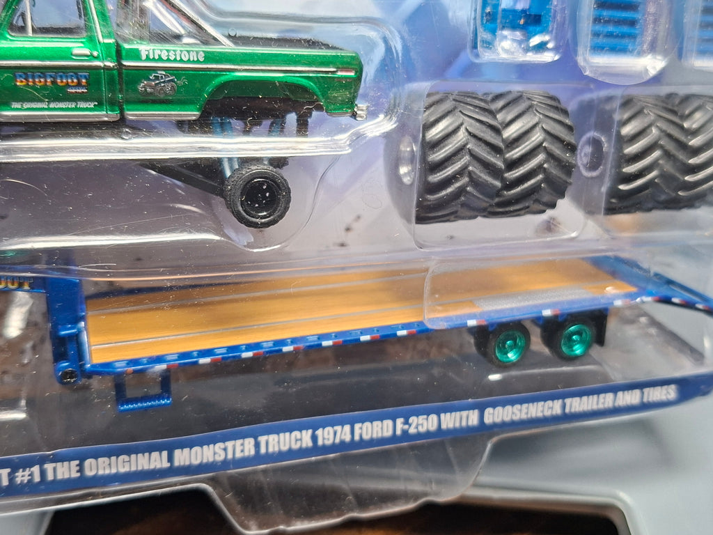 Greenlight Bigfoot Chase 1974 Ford f-250 et gooseneck trailer et tires (CT01)